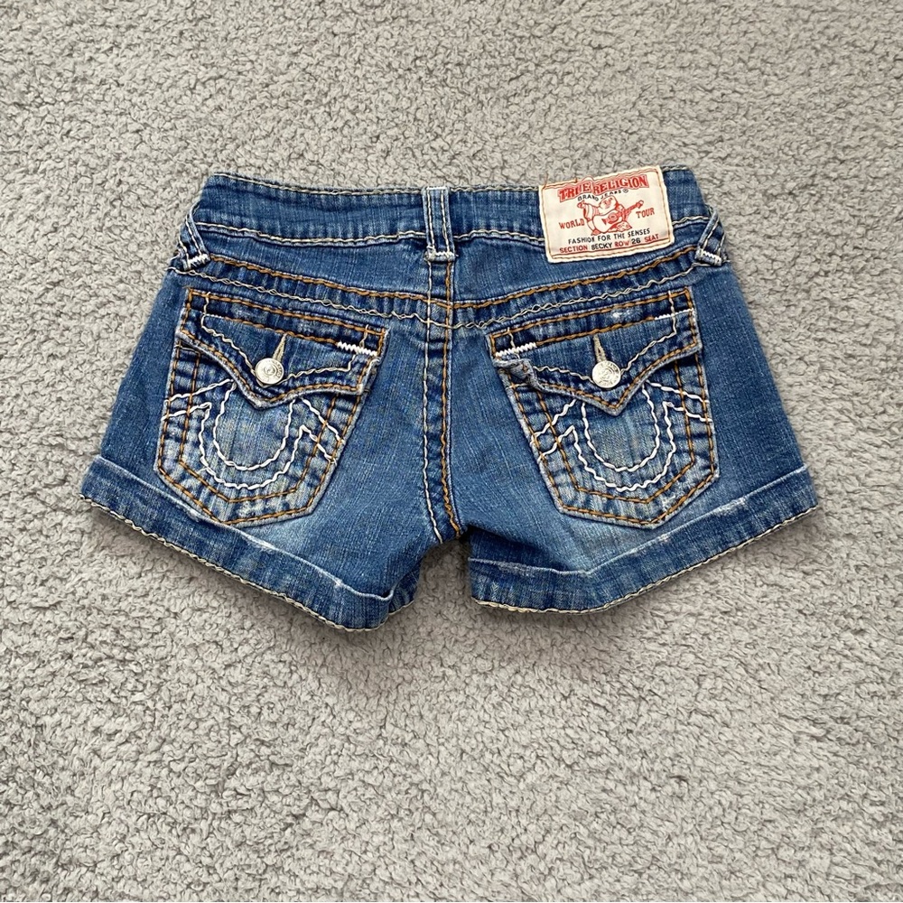 True Religion Cuffed mini Shorts Womens 26 becky thick stitch blue flap pockets